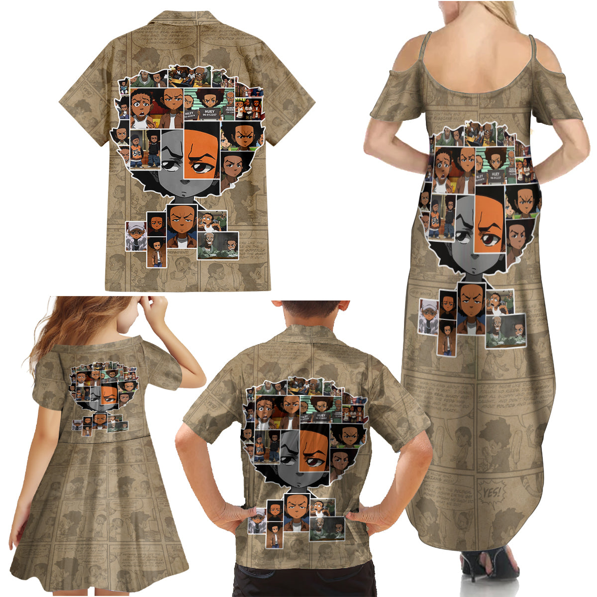 Huey Freeman Family Matching Summer Maxi Dress and Hawaiian Shirt African American - Wonder Print Shop