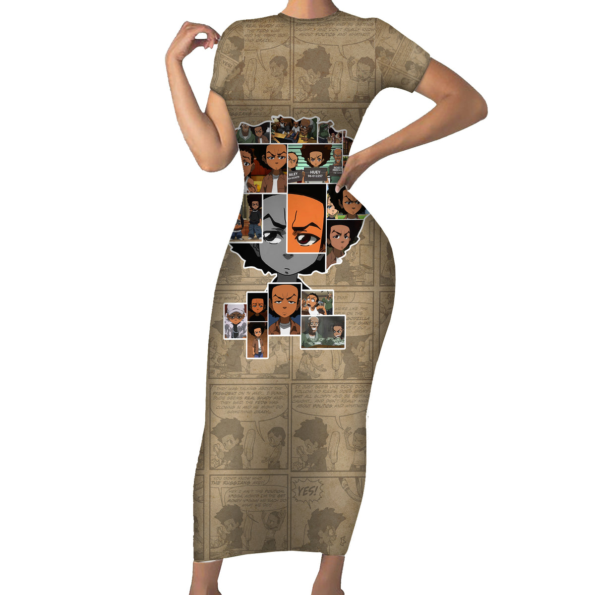 Huey Freeman Short Sleeve Bodycon Dress African American - Wonder Print Shop