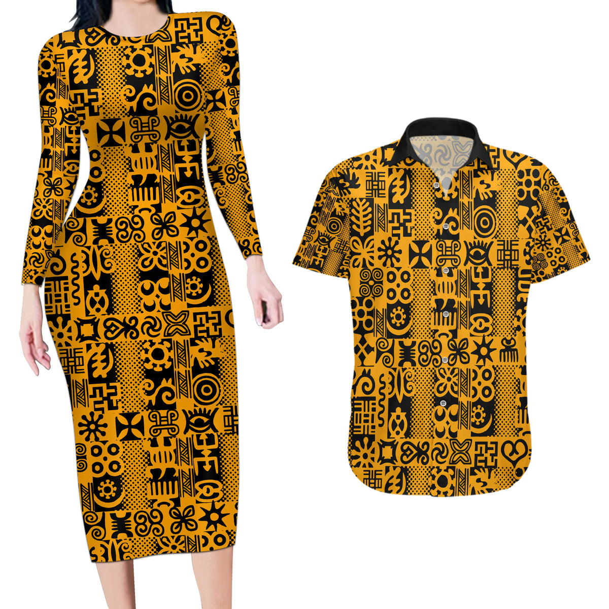 Culture Adinkra Couples Matching Long Sleeve Bodycon Dress and Hawaiian Shirt West African Yellow Art - Wonder Print Shop