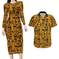 Culture Adinkra Couples Matching Long Sleeve Bodycon Dress and Hawaiian Shirt West African Yellow Art - Wonder Print Shop