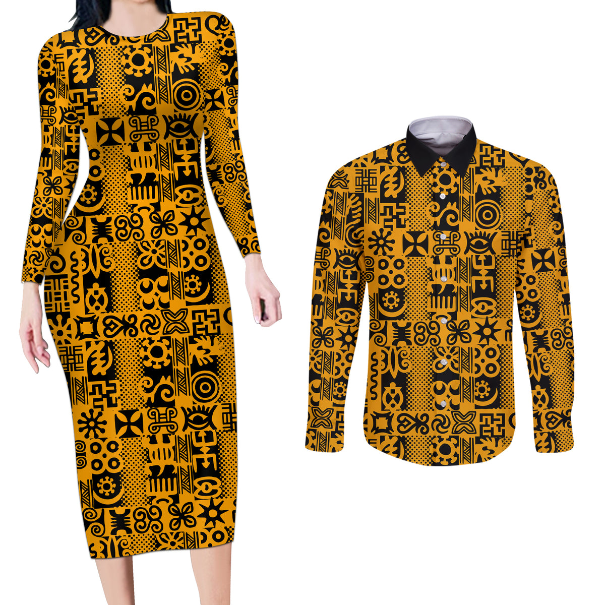 Culture Adinkra Couples Matching Long Sleeve Bodycon Dress and Long Sleeve Button Shirt West African Yellow Art - Wonder Print Shop