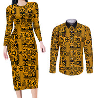 Culture Adinkra Couples Matching Long Sleeve Bodycon Dress and Long Sleeve Button Shirt West African Yellow Art - Wonder Print Shop