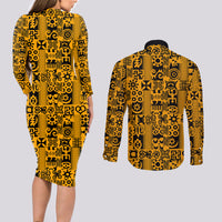 Culture Adinkra Couples Matching Long Sleeve Bodycon Dress and Long Sleeve Button Shirt West African Yellow Art - Wonder Print Shop