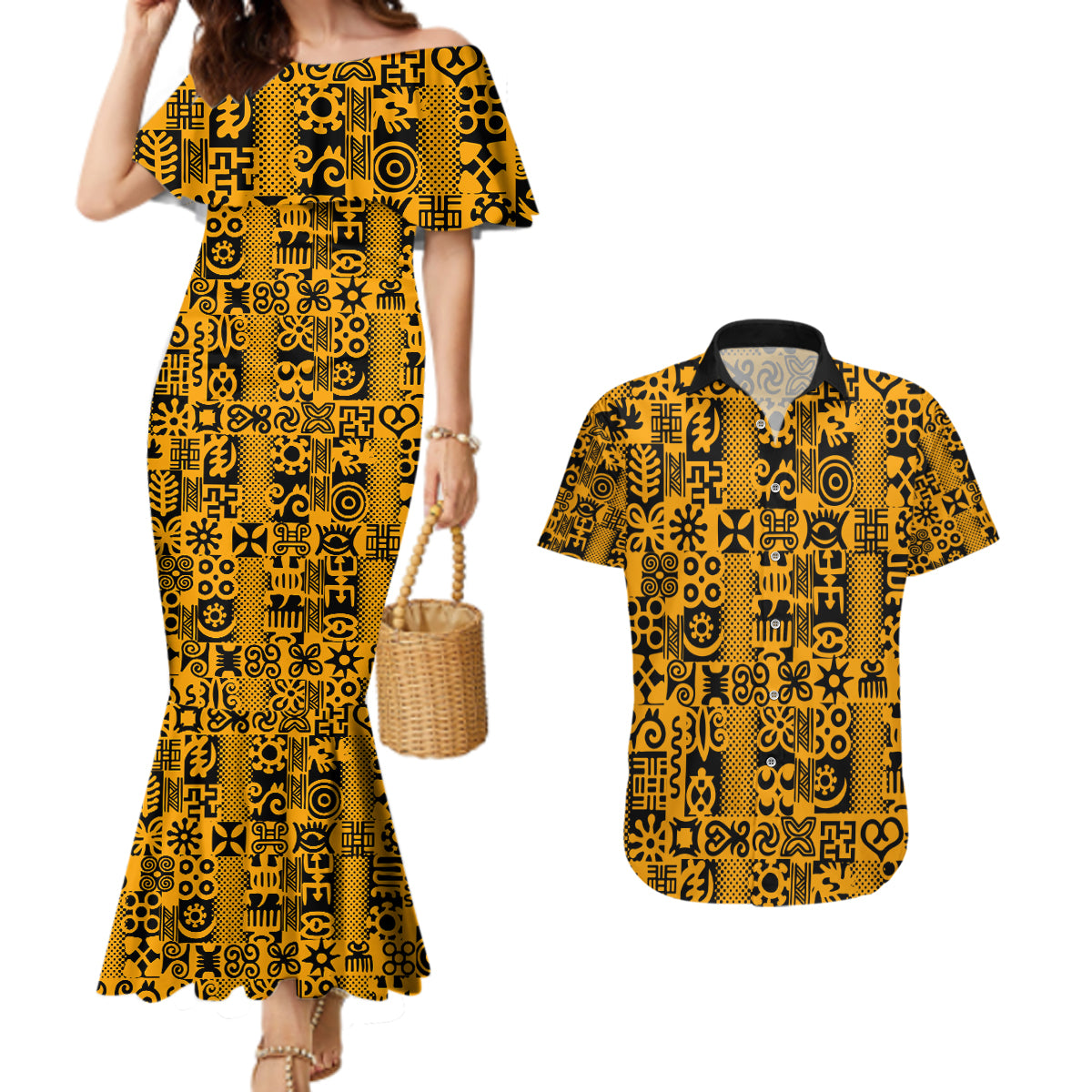 Culture Adinkra Couples Matching Mermaid Dress and Hawaiian Shirt West African Yellow Art - Wonder Print Shop