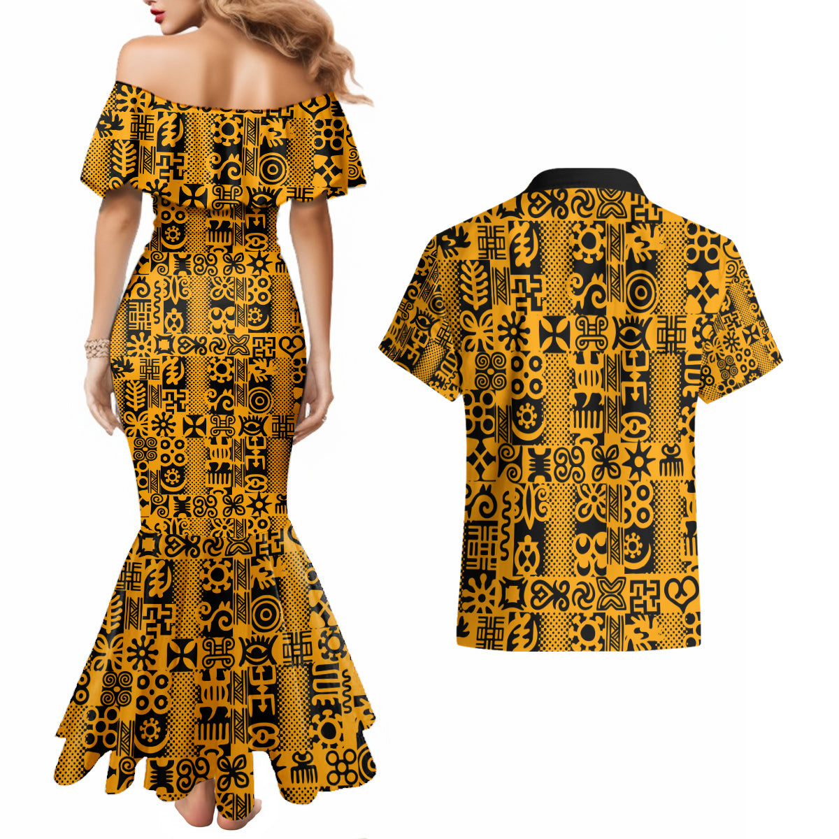 Culture Adinkra Couples Matching Mermaid Dress and Hawaiian Shirt West African Yellow Art - Wonder Print Shop