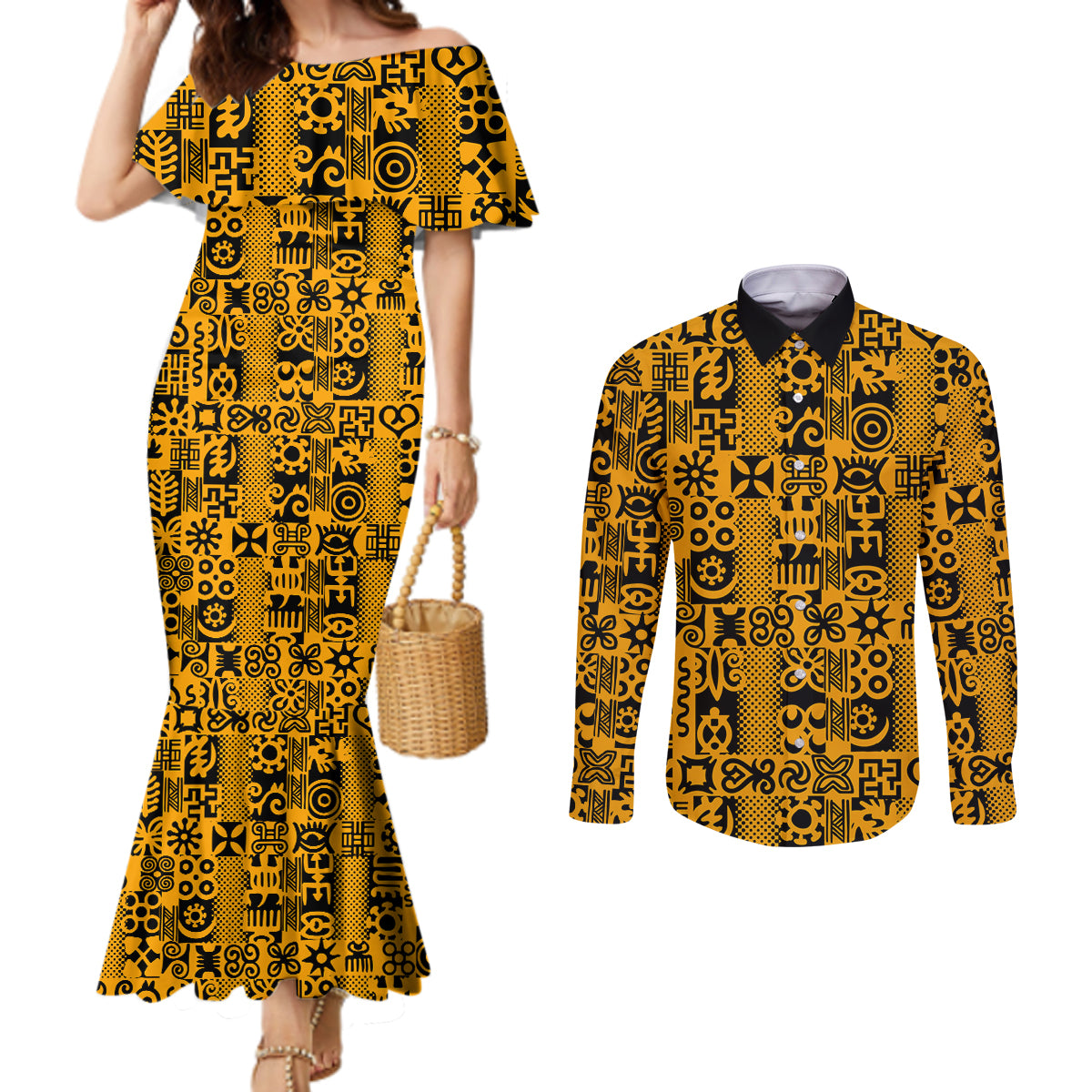 Culture Adinkra Couples Matching Mermaid Dress and Long Sleeve Button Shirt West African Yellow Art