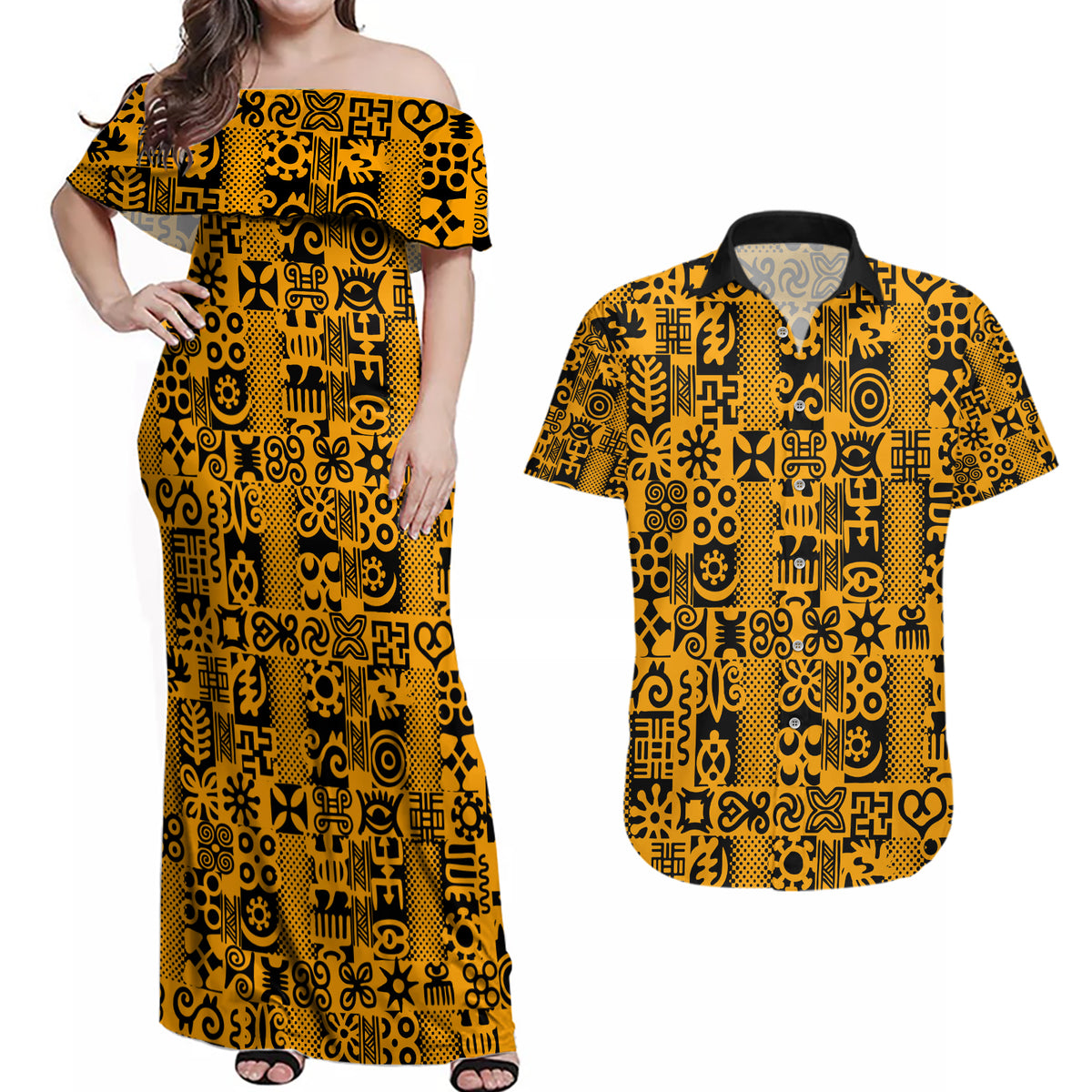 Culture Adinkra Couples Matching Off Shoulder Maxi Dress and Hawaiian Shirt West African Yellow Art - Wonder Print Shop