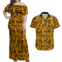 Culture Adinkra Couples Matching Off Shoulder Maxi Dress and Hawaiian Shirt West African Yellow Art - Wonder Print Shop
