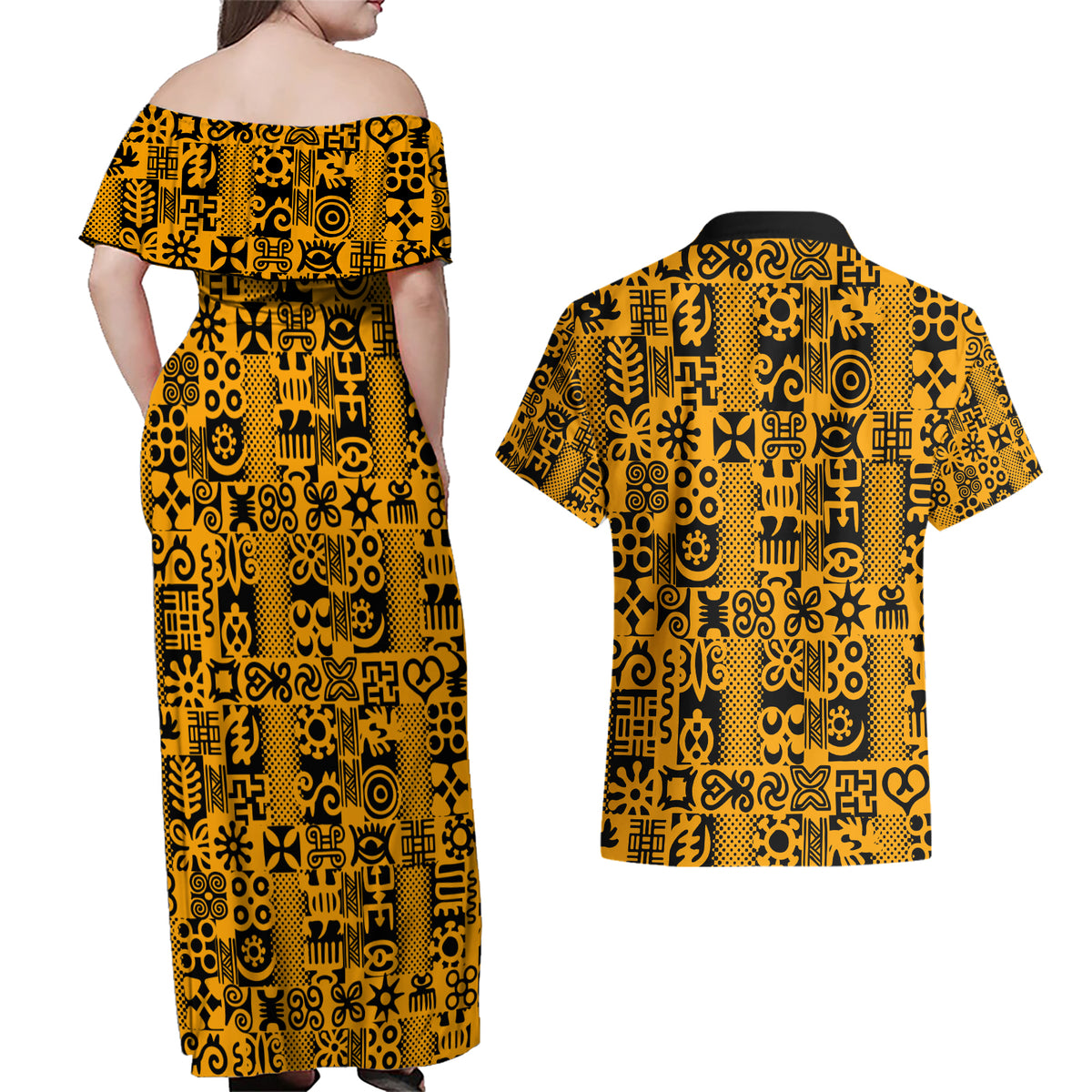 Culture Adinkra Couples Matching Off Shoulder Maxi Dress and Hawaiian Shirt West African Yellow Art - Wonder Print Shop