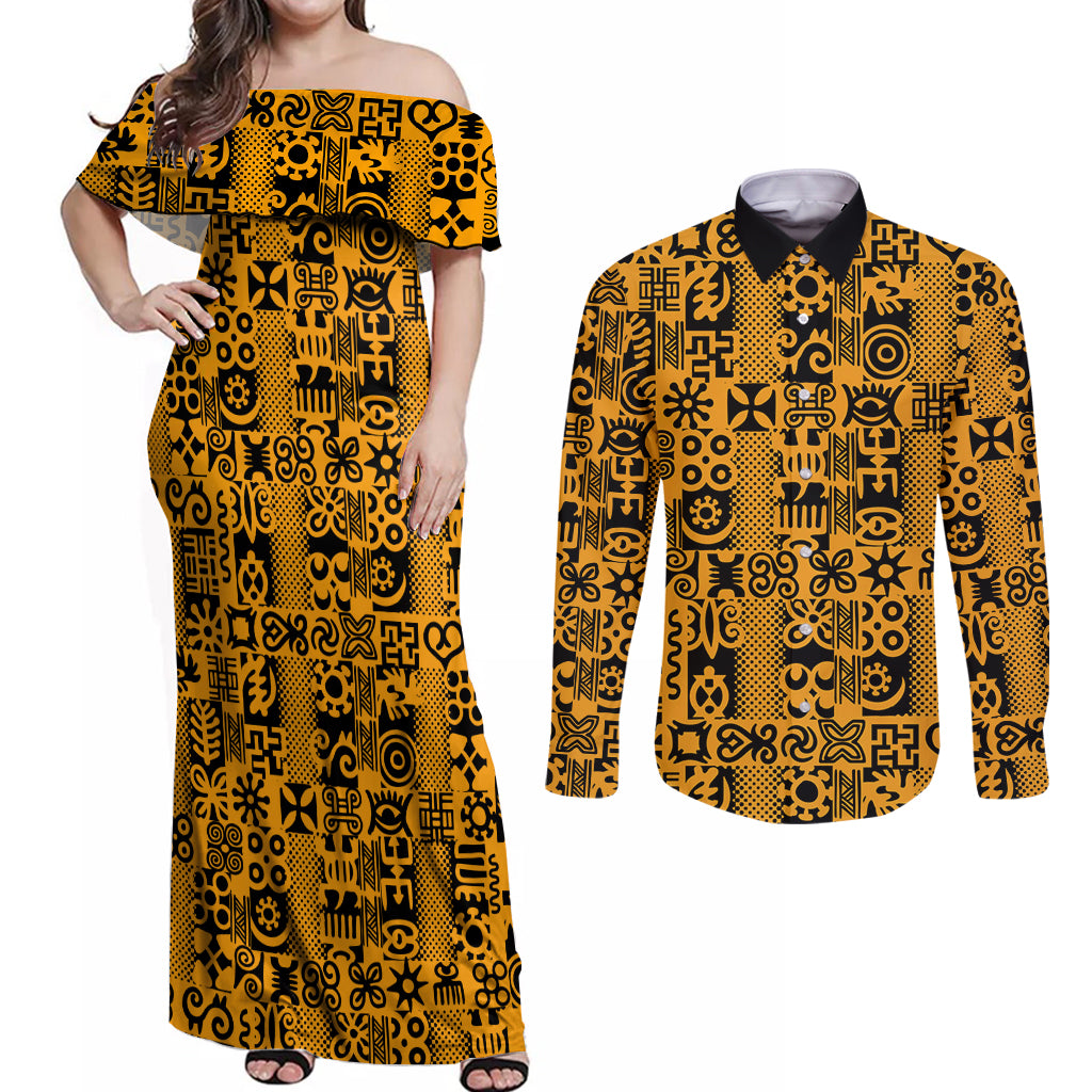 Culture Adinkra Couples Matching Off Shoulder Maxi Dress and Long Sleeve Button Shirt West African Yellow Art - Wonder Print Shop