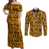 Culture Adinkra Couples Matching Off Shoulder Maxi Dress and Long Sleeve Button Shirt West African Yellow Art - Wonder Print Shop