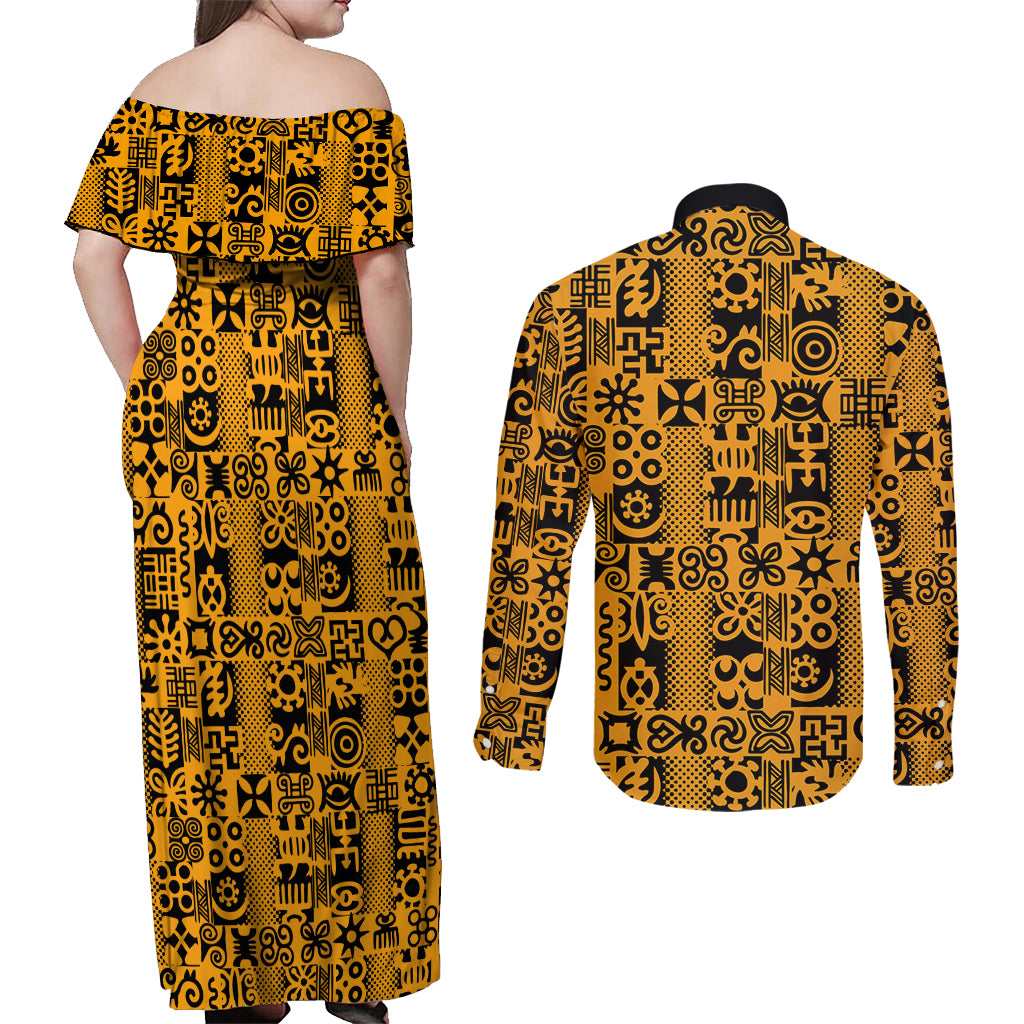 Culture Adinkra Couples Matching Off Shoulder Maxi Dress and Long Sleeve Button Shirt West African Yellow Art - Wonder Print Shop
