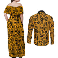 Culture Adinkra Couples Matching Off Shoulder Maxi Dress and Long Sleeve Button Shirt West African Yellow Art - Wonder Print Shop