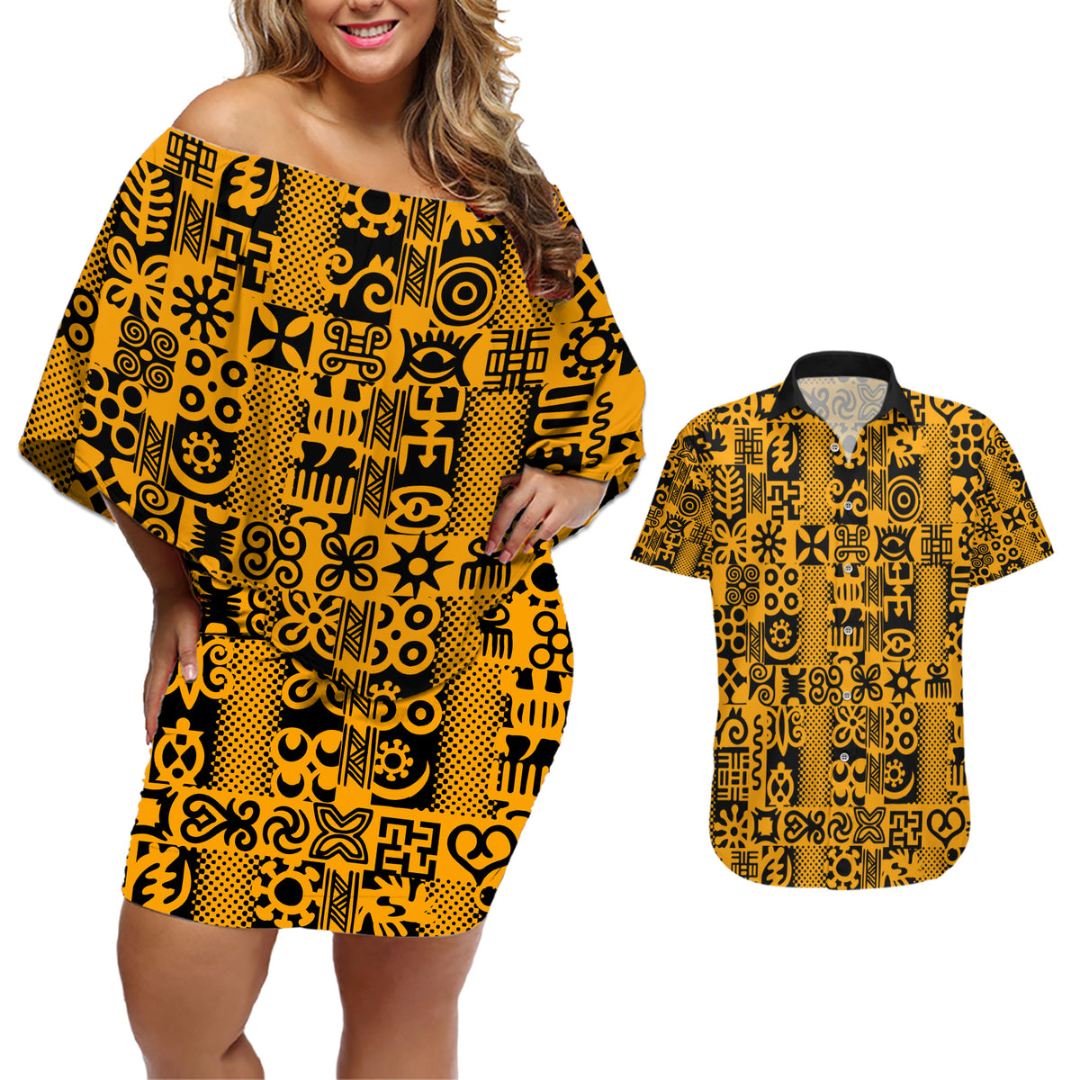 Culture Adinkra Couples Matching Off Shoulder Short Dress and Hawaiian Shirt West African Yellow Art - Wonder Print Shop