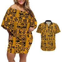 Culture Adinkra Couples Matching Off Shoulder Short Dress and Hawaiian Shirt West African Yellow Art - Wonder Print Shop