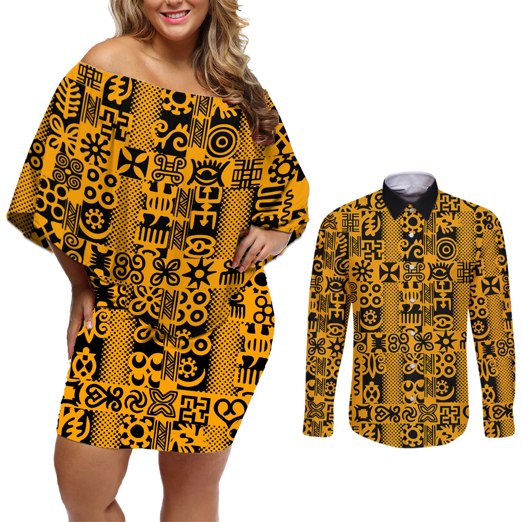 Culture Adinkra Couples Matching Off Shoulder Short Dress and Long Sleeve Button Shirt West African Yellow Art - Wonder Print Shop