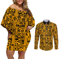 Culture Adinkra Couples Matching Off Shoulder Short Dress and Long Sleeve Button Shirt West African Yellow Art - Wonder Print Shop