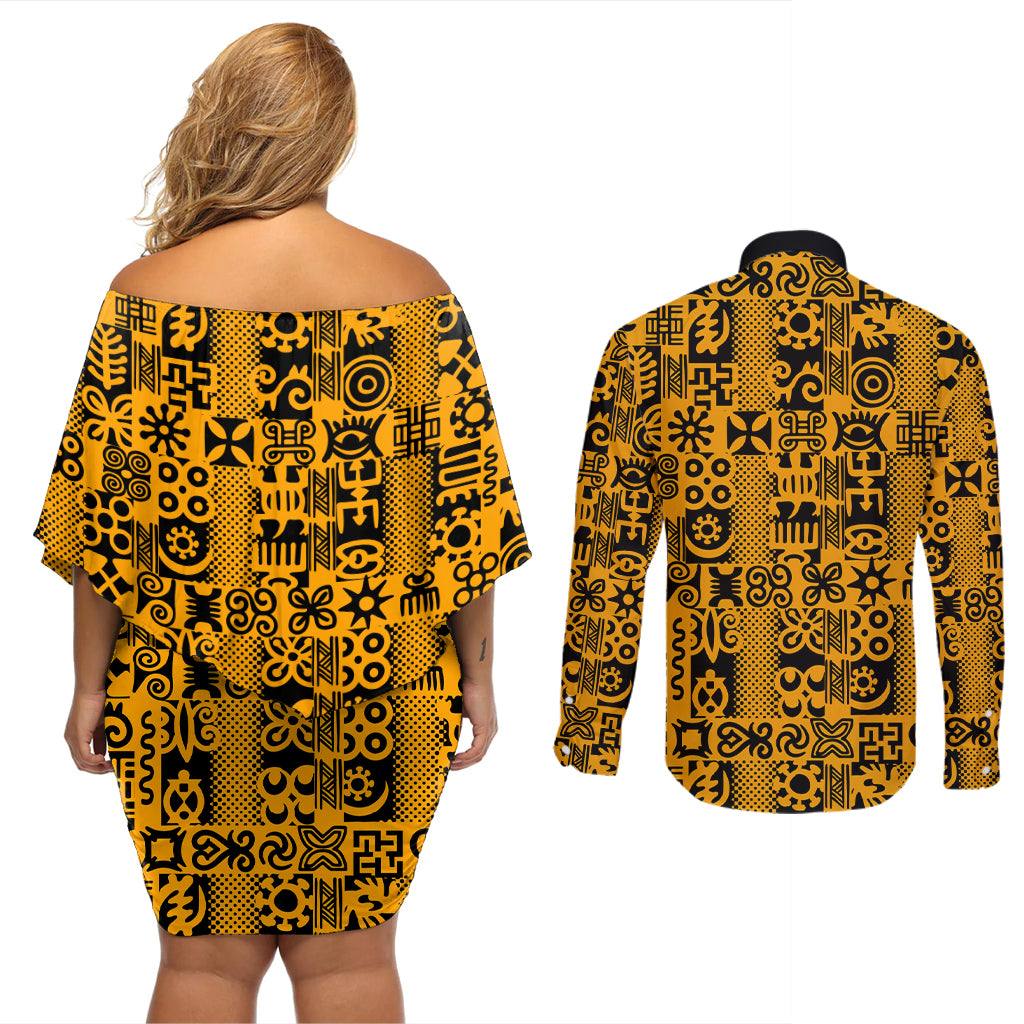 Culture Adinkra Couples Matching Off Shoulder Short Dress and Long Sleeve Button Shirt West African Yellow Art - Wonder Print Shop