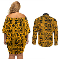 Culture Adinkra Couples Matching Off Shoulder Short Dress and Long Sleeve Button Shirt West African Yellow Art - Wonder Print Shop