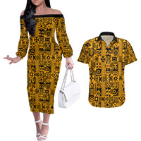 Culture Adinkra Couples Matching Off The Shoulder Long Sleeve Dress and Hawaiian Shirt West African Yellow Art - Wonder Print Shop