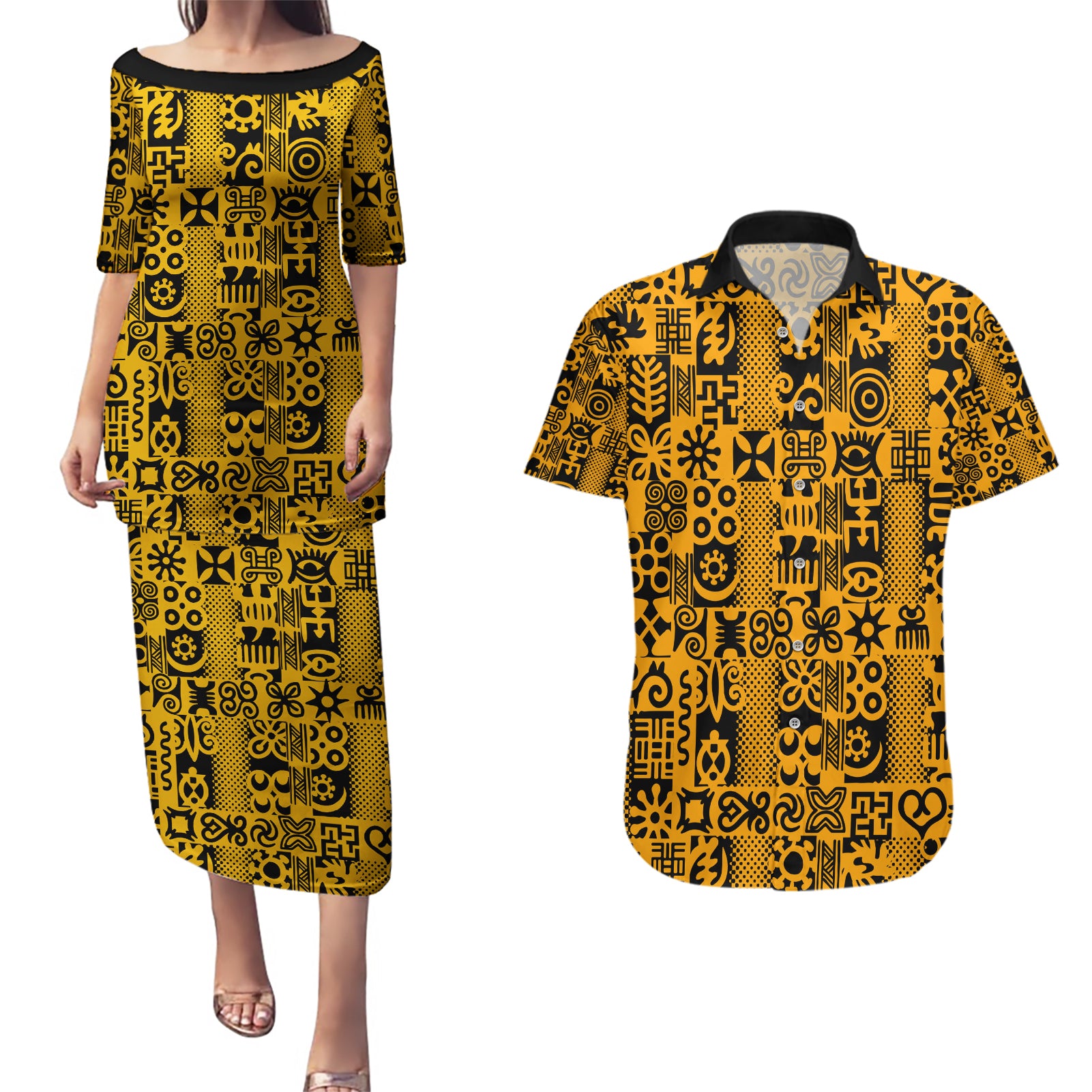 Culture Adinkra Couples Matching Puletasi and Hawaiian Shirt West African Yellow Art - Wonder Print Shop