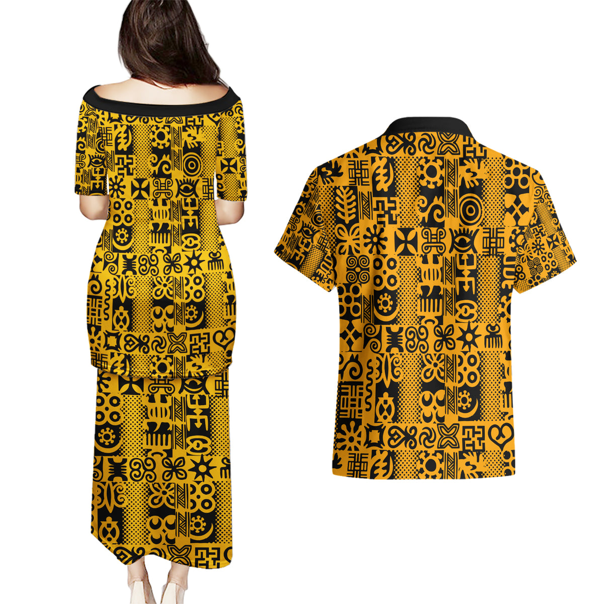 Culture Adinkra Couples Matching Puletasi and Hawaiian Shirt West African Yellow Art - Wonder Print Shop