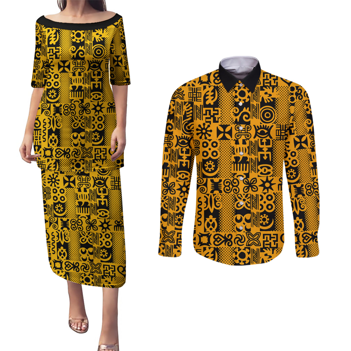Culture Adinkra Couples Matching Puletasi and Long Sleeve Button Shirt West African Yellow Art - Wonder Print Shop