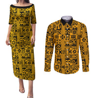 Culture Adinkra Couples Matching Puletasi and Long Sleeve Button Shirt West African Yellow Art - Wonder Print Shop