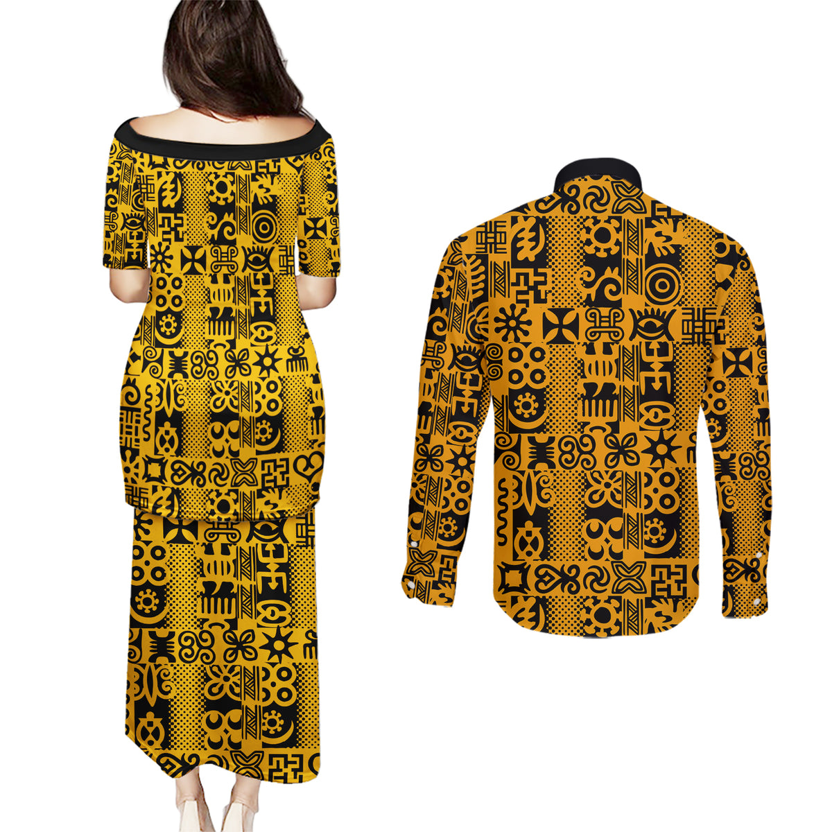 Culture Adinkra Couples Matching Puletasi and Long Sleeve Button Shirt West African Yellow Art - Wonder Print Shop
