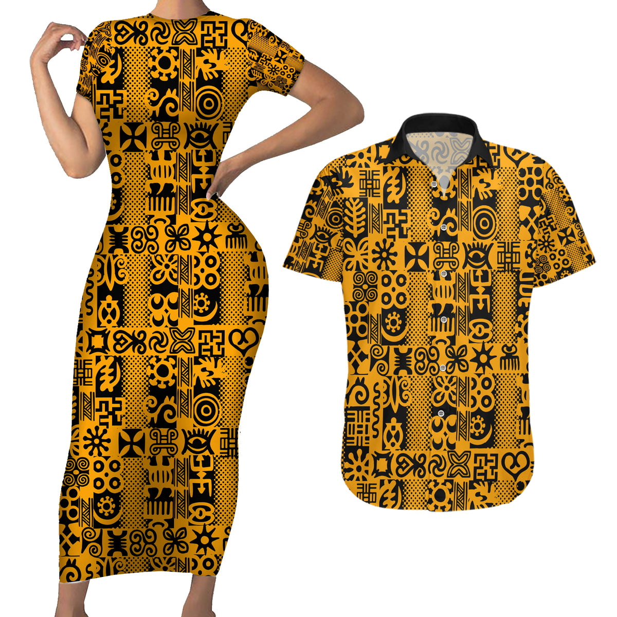 Culture Adinkra Couples Matching Short Sleeve Bodycon Dress and Hawaiian Shirt West African Yellow Art - Wonder Print Shop