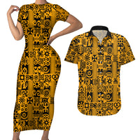 Culture Adinkra Couples Matching Short Sleeve Bodycon Dress and Hawaiian Shirt West African Yellow Art - Wonder Print Shop
