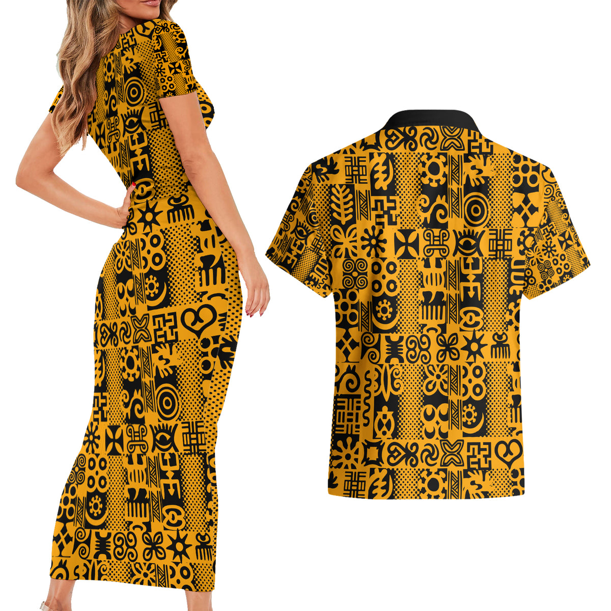 Culture Adinkra Couples Matching Short Sleeve Bodycon Dress and Hawaiian Shirt West African Yellow Art - Wonder Print Shop