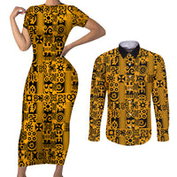 Culture Adinkra Couples Matching Short Sleeve Bodycon Dress and Long Sleeve Button Shirt West African Yellow Art - Wonder Print Shop