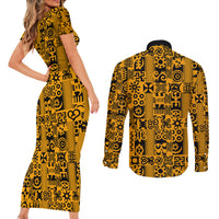 Culture Adinkra Couples Matching Short Sleeve Bodycon Dress and Long Sleeve Button Shirt West African Yellow Art - Wonder Print Shop