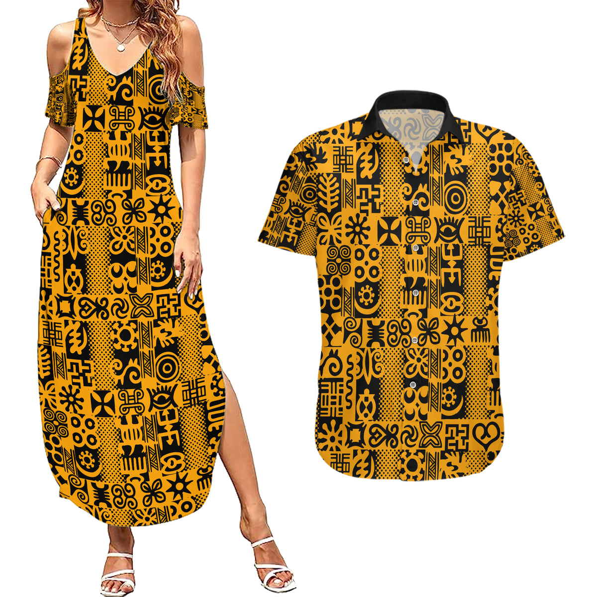 Culture Adinkra Couples Matching Summer Maxi Dress and Hawaiian Shirt West African Yellow Art - Wonder Print Shop