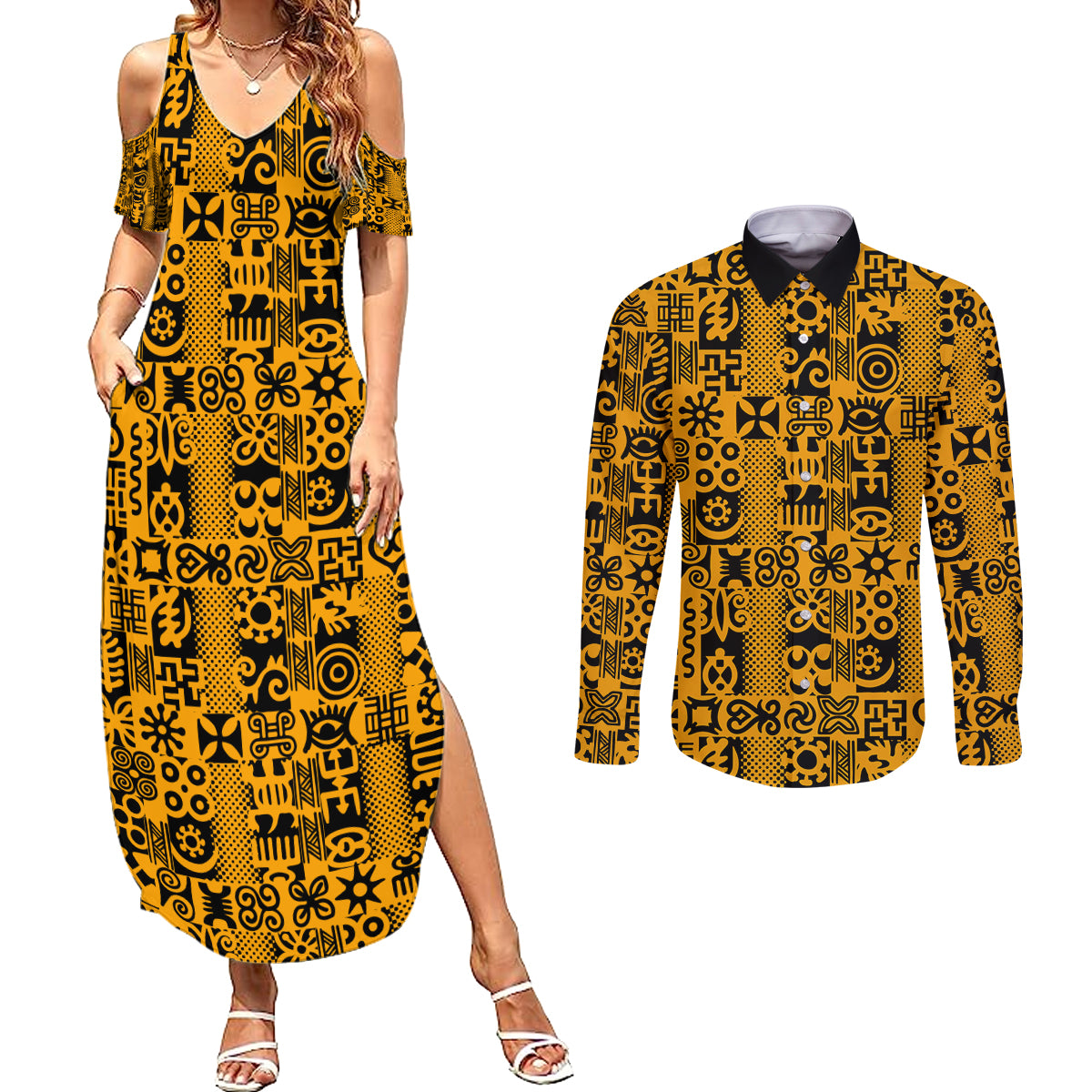 Culture Adinkra Couples Matching Summer Maxi Dress and Long Sleeve Button Shirt West African Yellow Art - Wonder Print Shop