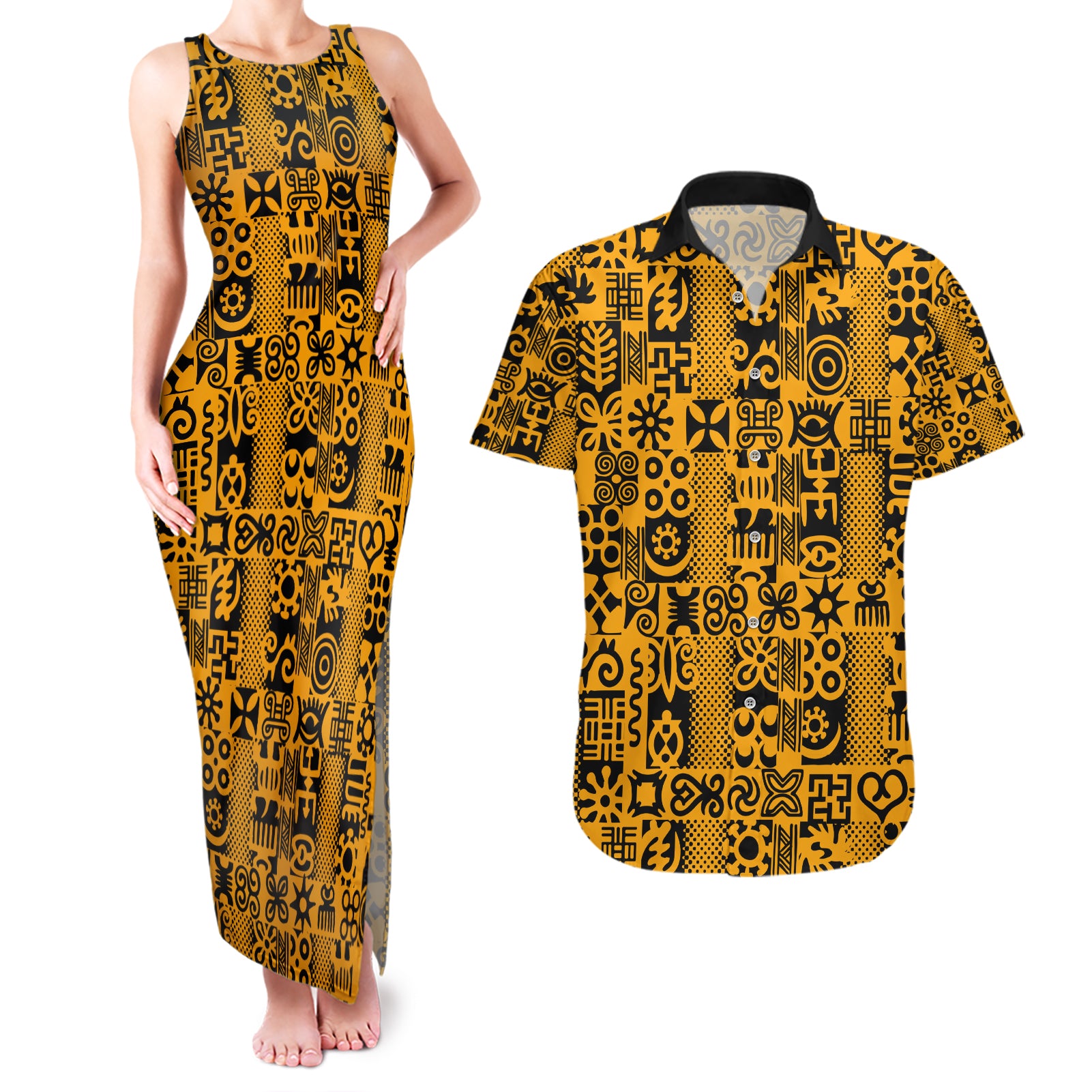 Culture Adinkra Couples Matching Tank Maxi Dress and Hawaiian Shirt West African Yellow Art - Wonder Print Shop