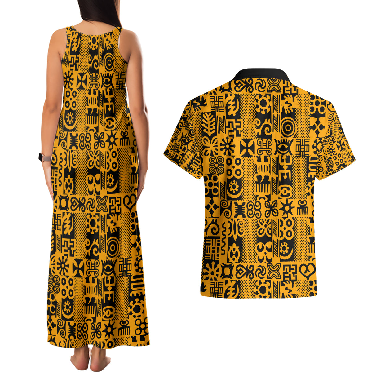 Culture Adinkra Couples Matching Tank Maxi Dress and Hawaiian Shirt West African Yellow Art - Wonder Print Shop