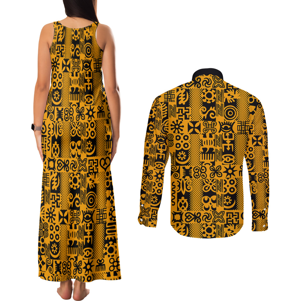 Culture Adinkra Couples Matching Tank Maxi Dress and Long Sleeve Button Shirt West African Yellow Art - Wonder Print Shop