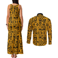 Culture Adinkra Couples Matching Tank Maxi Dress and Long Sleeve Button Shirt West African Yellow Art - Wonder Print Shop