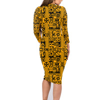 Culture Adinkra Family Matching Long Sleeve Bodycon Dress and Hawaiian Shirt West African Yellow Art - Wonder Print Shop