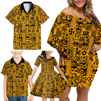 Culture Adinkra Family Matching Off Shoulder Short Dress and Hawaiian Shirt West African Yellow Art - Wonder Print Shop