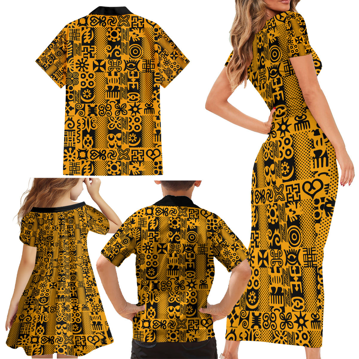 Culture Adinkra Family Matching Short Sleeve Bodycon Dress and Hawaiian Shirt West African Yellow Art - Wonder Print Shop