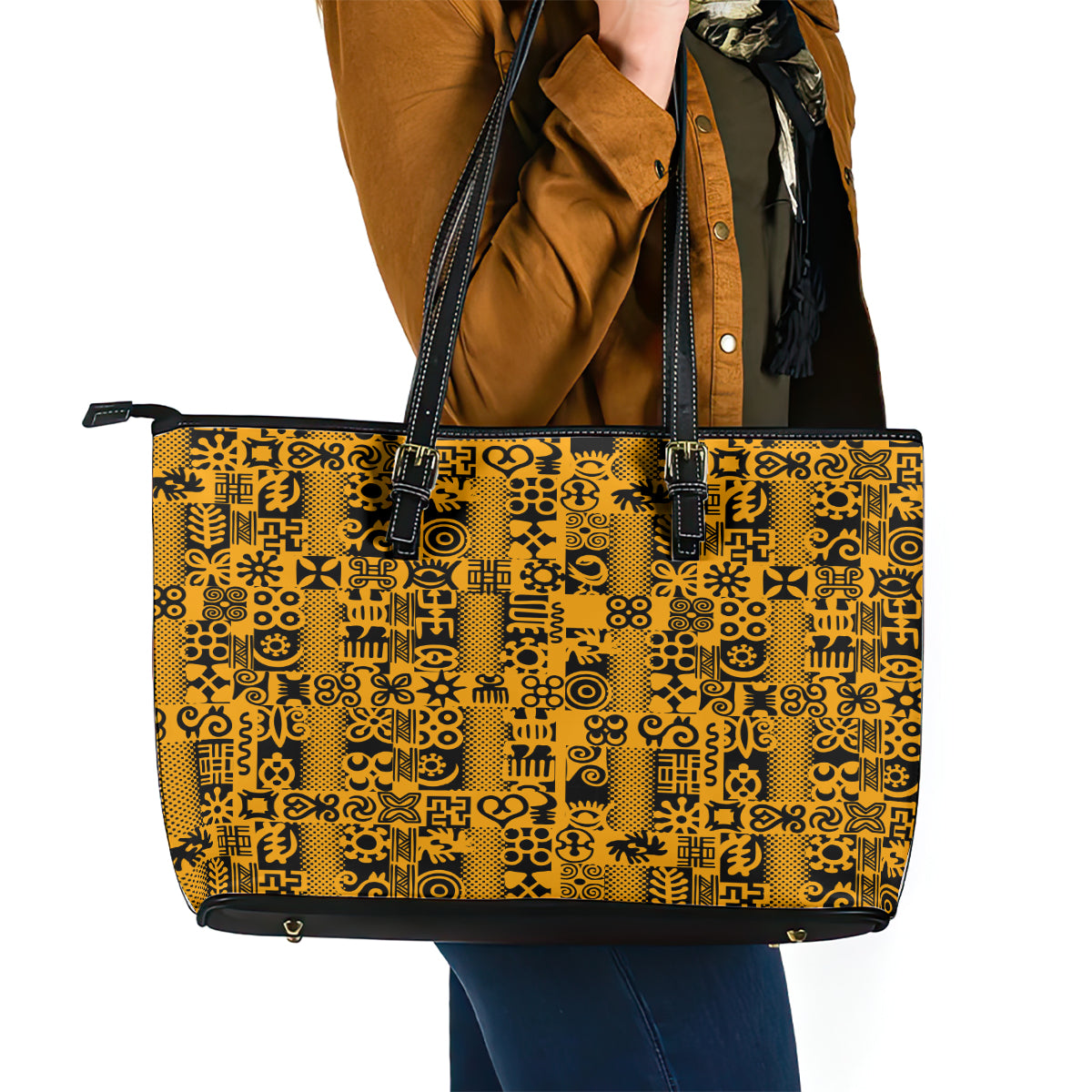 Culture Adinkra Leather Tote Bag West African Yellow Art - Wonder Print Shop