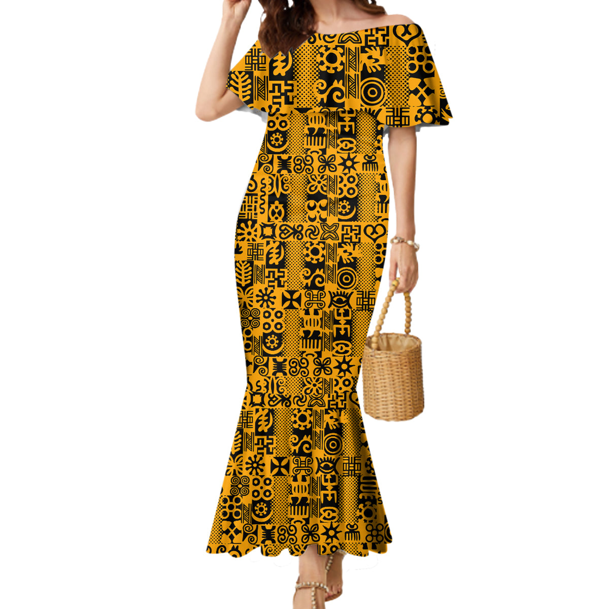 Culture Adinkra Mermaid Dress West African Yellow Art - Wonder Print Shop