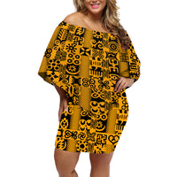 Culture Adinkra Off Shoulder Short Dress West African Yellow Art - Wonder Print Shop