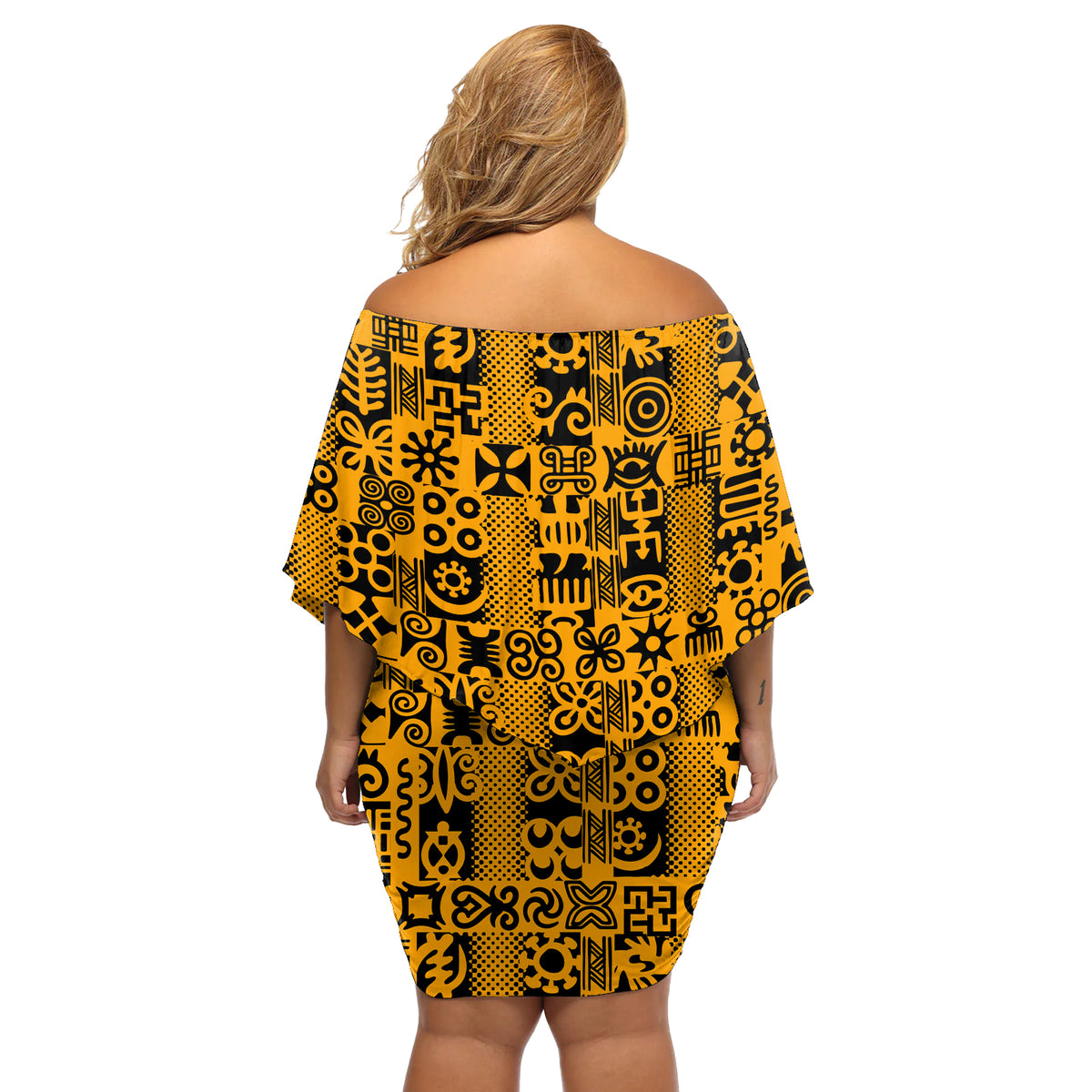 Culture Adinkra Off Shoulder Short Dress West African Yellow Art - Wonder Print Shop
