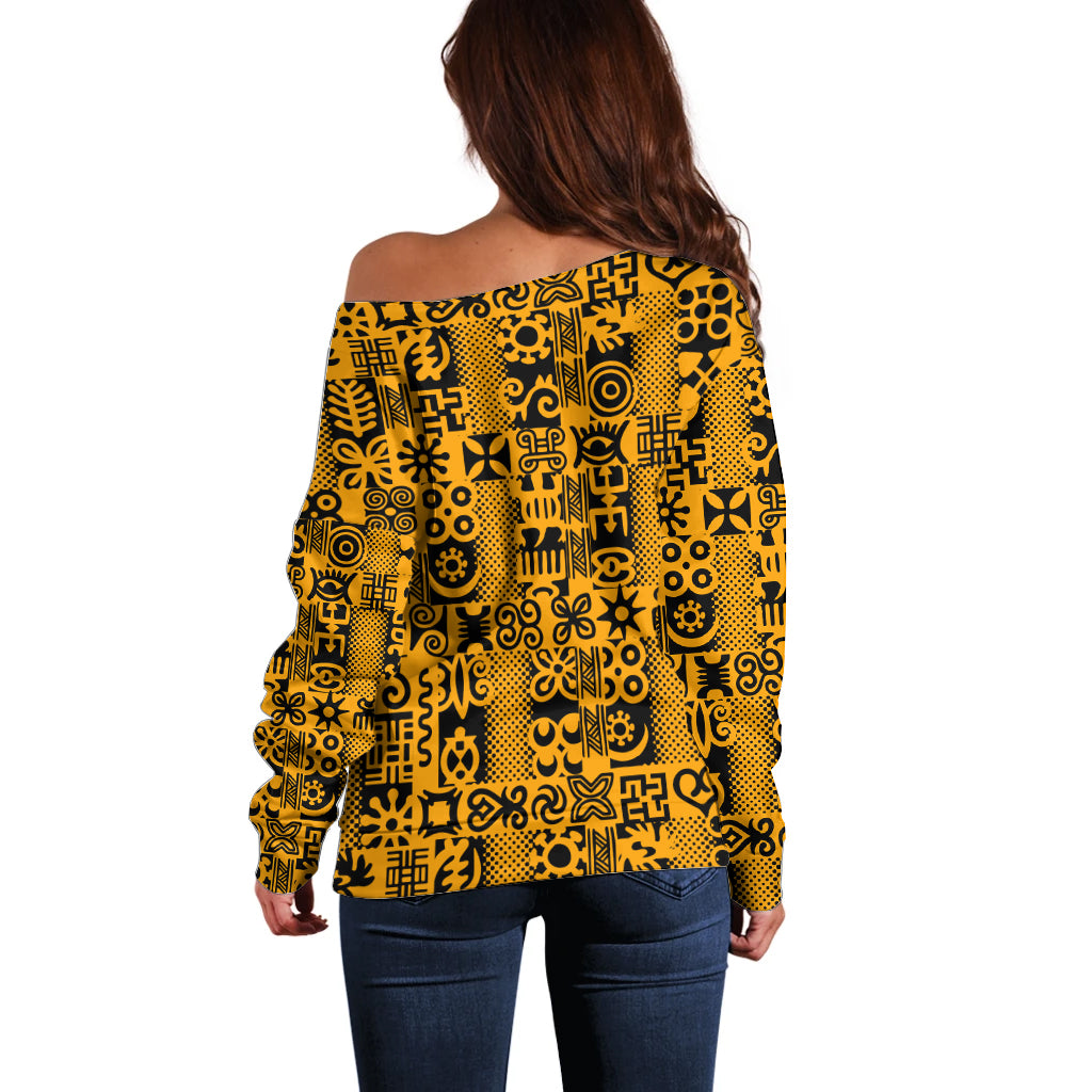 Culture Adinkra Off Shoulder Sweater West African Yellow Art - Wonder Print Shop