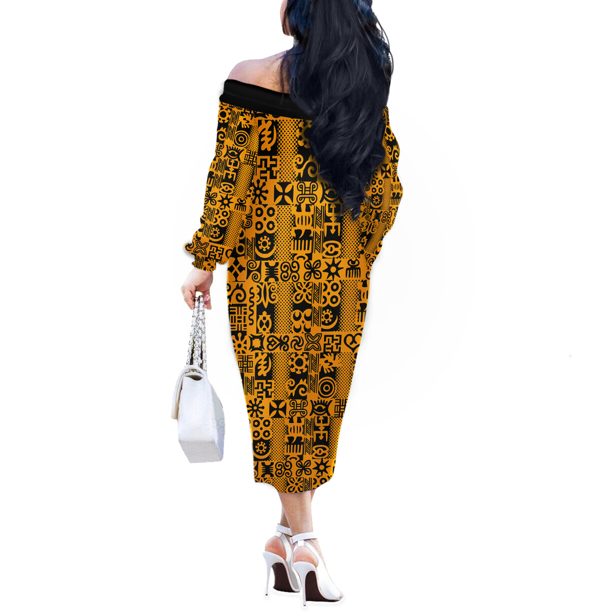 Culture Adinkra Off The Shoulder Long Sleeve Dress West African Yellow Art - Wonder Print Shop