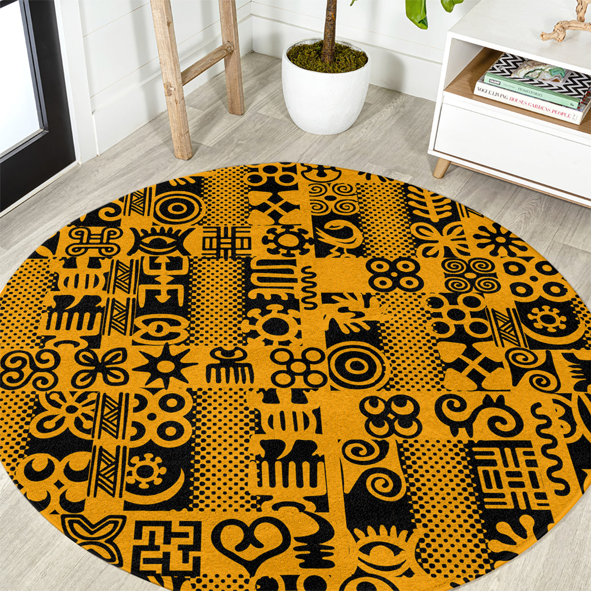Culture Adinkra Round Carpet West African Yellow Art